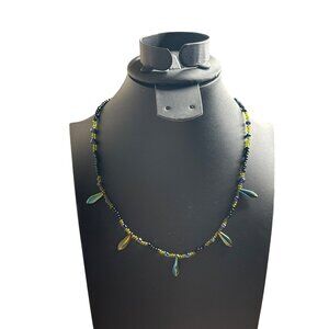 Vintage Artisan Seed Bead Necklace Black Green Glass Beads Rainbow Acrylic